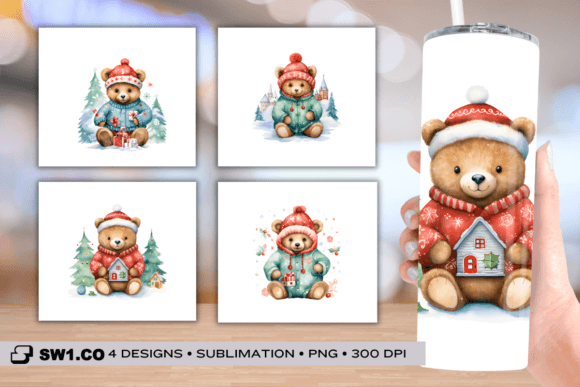 Christmas Bear Skinny Tumbler Wrap PNG