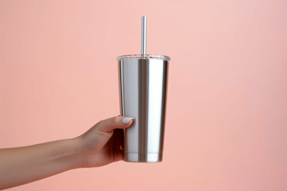 Hand Holding Sliver Tumbler Mockup